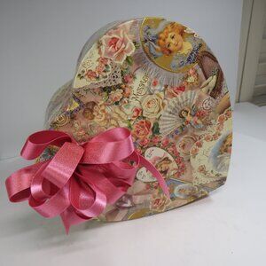 Victorian Heart Shaped Box w CUPIDS / angels w pink bow